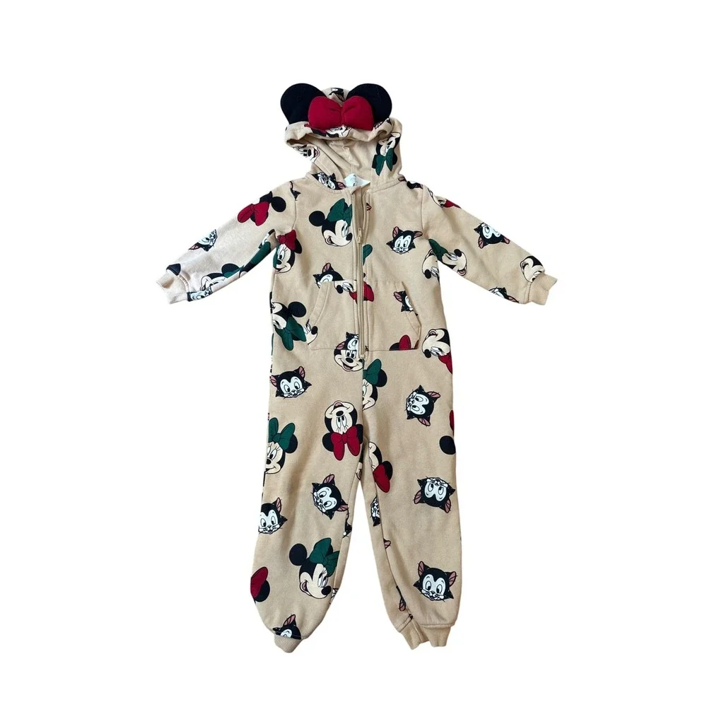 H&M Disney Minnie Mouse Figaro Hooded Jumpsuit Tan Character Print SIZE 3/4T